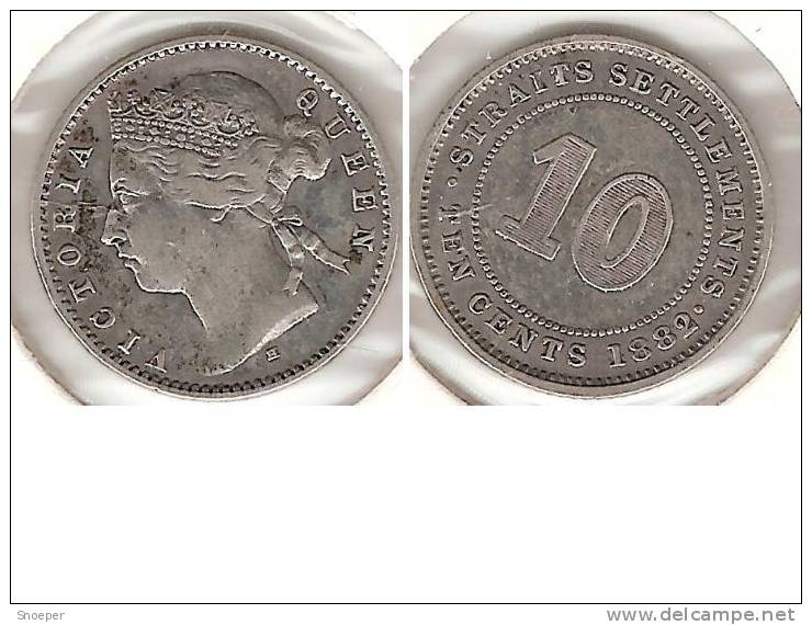 *Straits Settlements 10 Cents 1882 H  Km 11  Vf+ Look !!!!catalog Val 90$ - Malesia