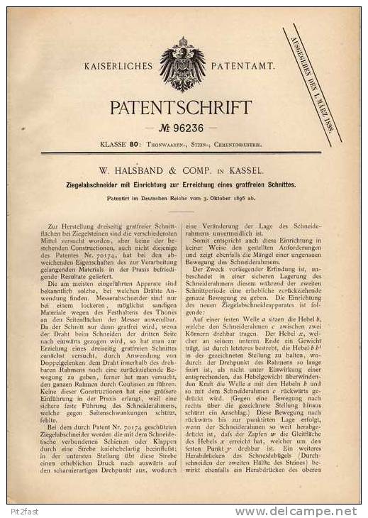 Original Patentschrift - W. Halsband In Kassel, 1896, Ziegelabschneider , Dachdecker , Ziegel !!! - Maschinen