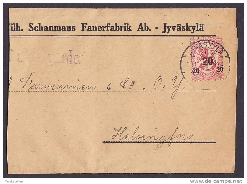 Finland Wilh. Scaumans Fanerfabrik Ab. JYVÄSKYLÄ 1919? Wrapper Entier De Journal To HELSINGFORS "Utan Värde" - Covers & Documents