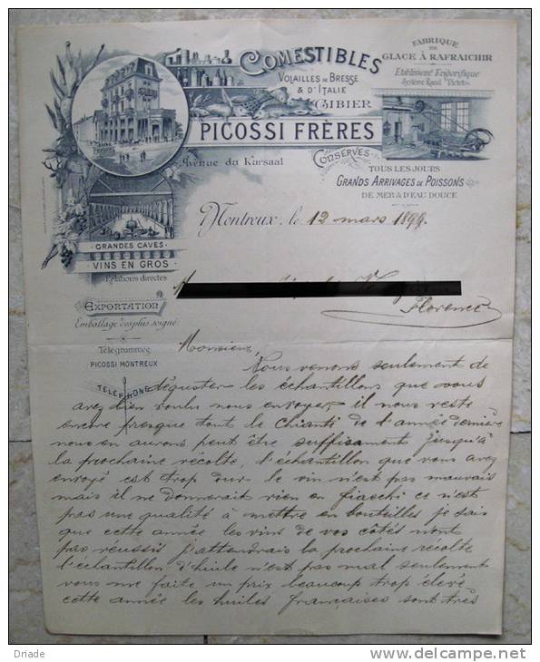 FATTURA COMMERCIALE PICOSSI FRERES VOLAILLES BRESSE POISSON GLACE VINS MONTREUX ANNO 1899 SVIZZERA - Zwitserland