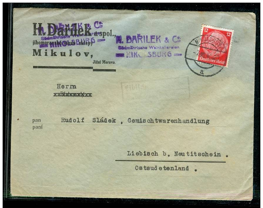 1940 D. Reich, SUDETEN EF. Nikolsburg/Liebisch Bei Neutitschein. MK - Other & Unclassified