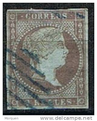 Sello 2 Reales Isabel II 1855, Parrilla Azul,  Num 42 º - Gebruikt