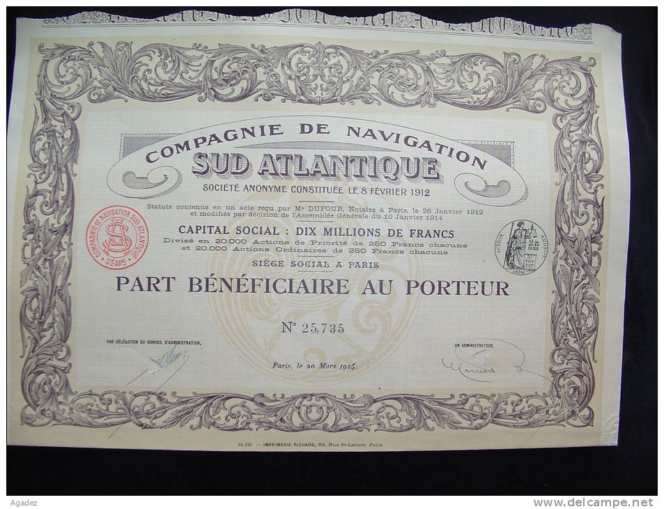 Part  Benéficiaire"Cie De Navigation Sud -atlantique"Paris 1912 Imp.Richard  Très Bon état,reste Des Coupons. - Navigation