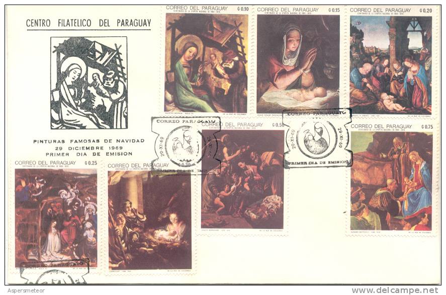 PINTURAS FAMOSAS DE NAVIDAD NOEL AÑO 1969 CENTRO FILATELICO DEL PARAGUAY FDC - Paraguay