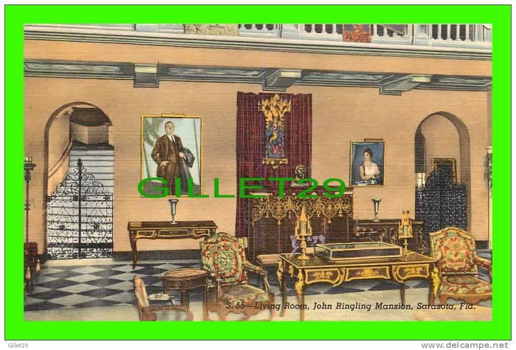 SARASOTA, FL - LIVING ROOM, JOHN RINGLING MANSION - C.T. ART COLORTONE - M.E. RUSSELL - - Sarasota