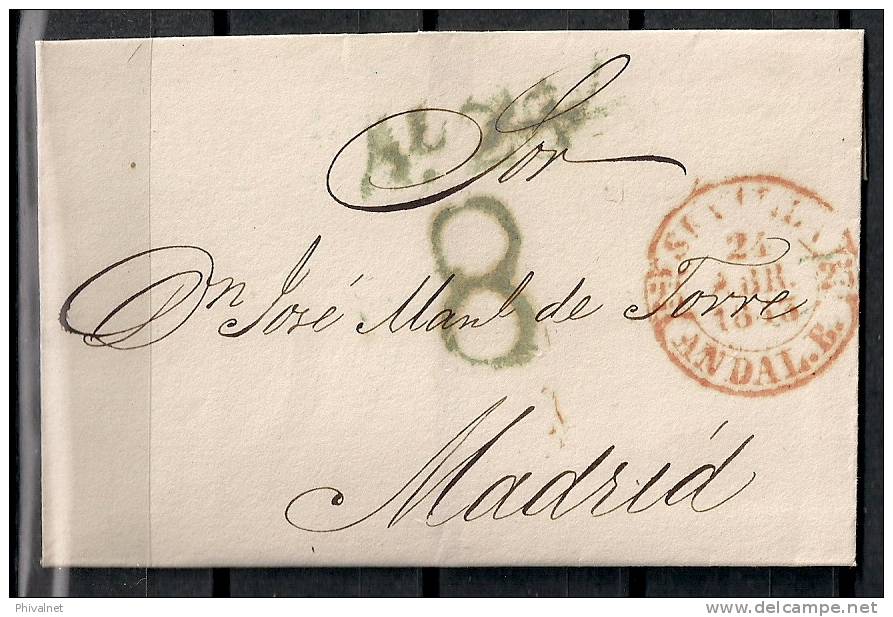 PREFILATELIA, ENVUELTA, AÑO 1843, MARCA SEVILLA / ANDAL.B.  Nº 29, TIPO 1 EN COLOR ROJO - ...-1850 Prephilately