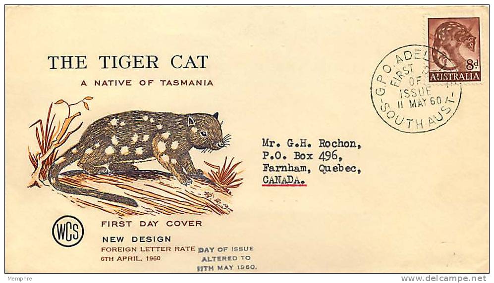 1960  Tiger Cat  Definitive  Wesley  FDC  Corrected Issue Date  Addressed To Canada - FDC