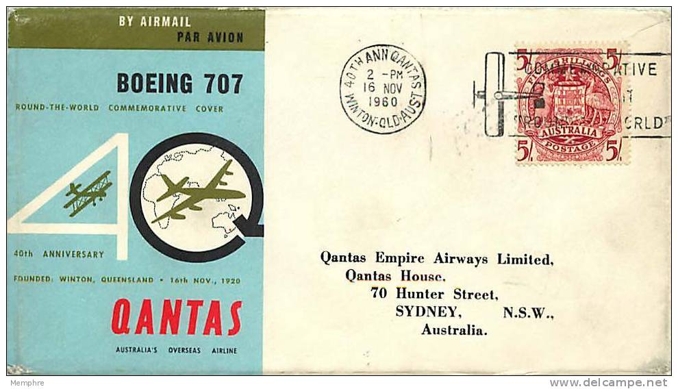 1960  QANTAS 40th Ann Round-the-World Commemorative Cover Eustis 1443 - Premiers Vols