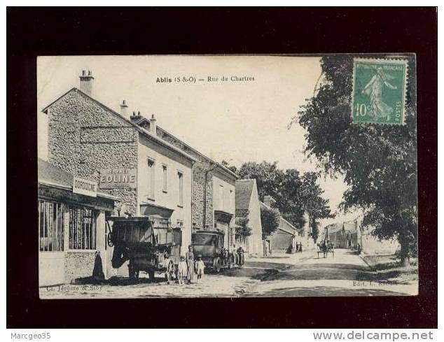 Ablis Rue De Chartres édit.l.raoult Animée Dordoigne Machines Agricoles Batteuse , Automobile Publicité Essence Eoline - Ablis