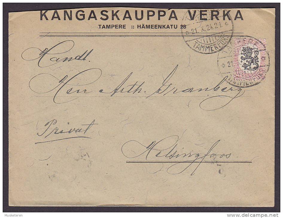 Finland KANGASKAUPPA VERKA, TAMPERE (Tammerfors) 1924 Cover To HELSINGFORS (2 Scans) - Covers & Documents