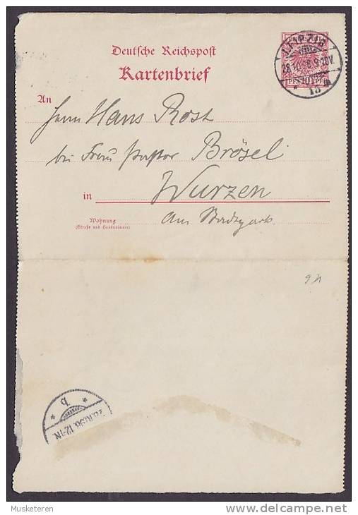 Deutsche Reichspost Postal Stationery Ganzsache 10 Pf. Adler Eagle Kartenbrief LEIPZIG 1898 To WURZEN (2 Scans) - Other & Unclassified