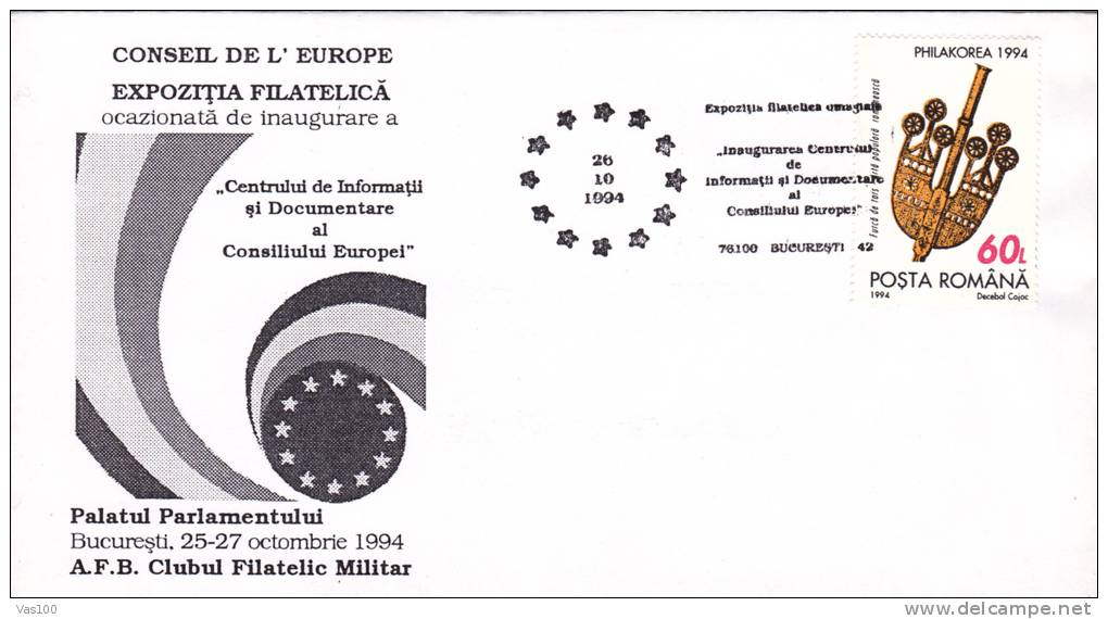 INFORMATION CENTRE OF EUROPEAN COUNCIL, 1994, SPECIAL COVER, OBLITERATION CONCORDANTE, ROMANIA - Europese Instellingen
