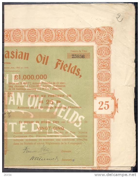 THE NORTH CAUCASIAN OIL FIELDS Num 28856    TITRE Au Porteur De 25 Actions De 10 Shillings   Le 26 Juin 1922  15 Coupons - Other & Unclassified