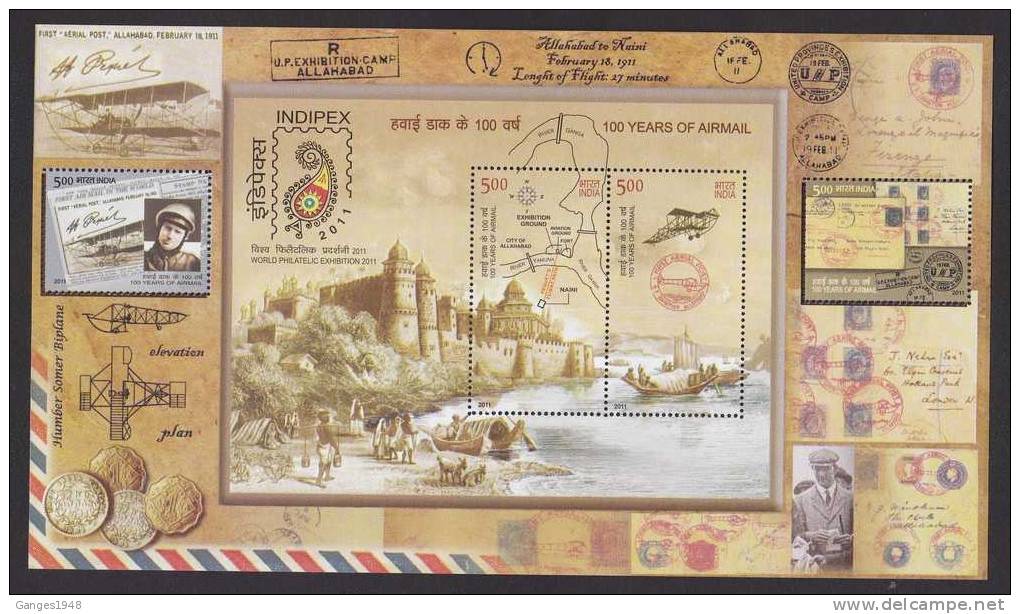 Block 100 Years Of Airmail Bi-Plane Flown Covers & Card Goats Boats Coins Postmarks M/S 2010  # 20971  India Indien Inde - Poste Aérienne
