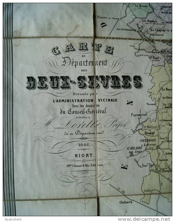 Grande Carte Routière DEPARTEMENT DES DEUX-SEVRES 1861 NIORT Parthenay Bressuire Melle - Strassenkarten