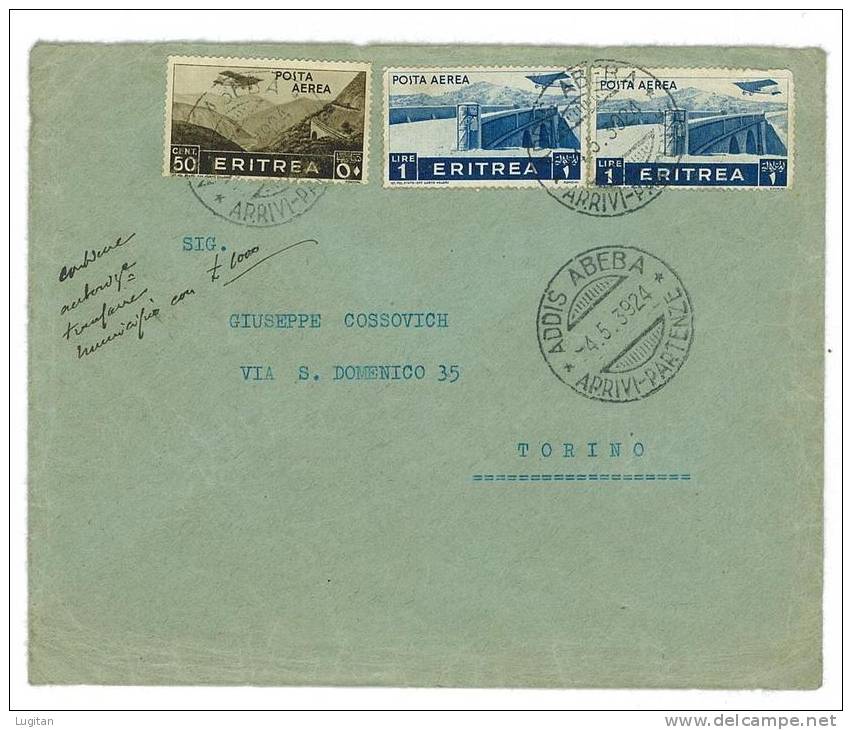 STORIA POSTALE - ERITREA - EX COLONIE ITALIANE - ANNO 1939 - DA ADDIS ABEBA A TORINO - POSTA AEREA - Eritrea