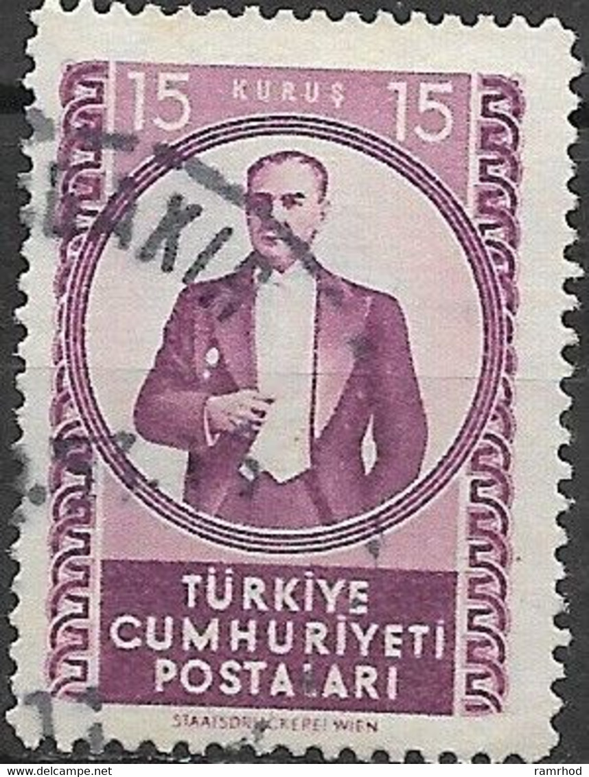 TURKEY 1952 Kemal Ataturk - 15k Violet (medallion) FU - Oblitérés