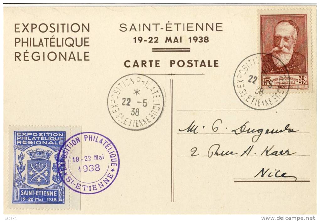 CARTE POSTALE 1938 EXPOSITION PHILATÉLIQUE RÉGIONALE #  ST ETIENNE # VIGNETTE + TIMBRE A FRANCE - Briefmarkenmessen