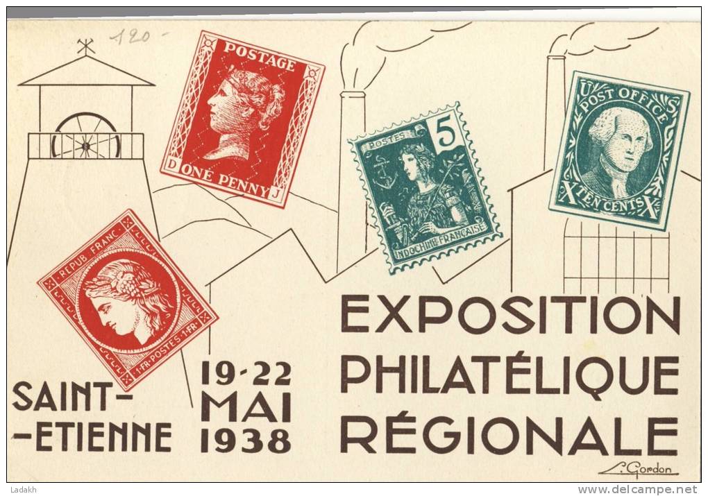 CARTE POSTALE 1938 EXPOSITION PHILATÉLIQUE RÉGIONALE #  ST ETIENNE # VIGNETTE + TIMBRE A FRANCE - Briefmarkenmessen