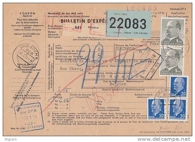 DDR  Paketkarte Mif Minr. 2x 1087,2x 937 Dresden 22.7.71 Gel. Nach Belgien - Sonstige & Ohne Zuordnung