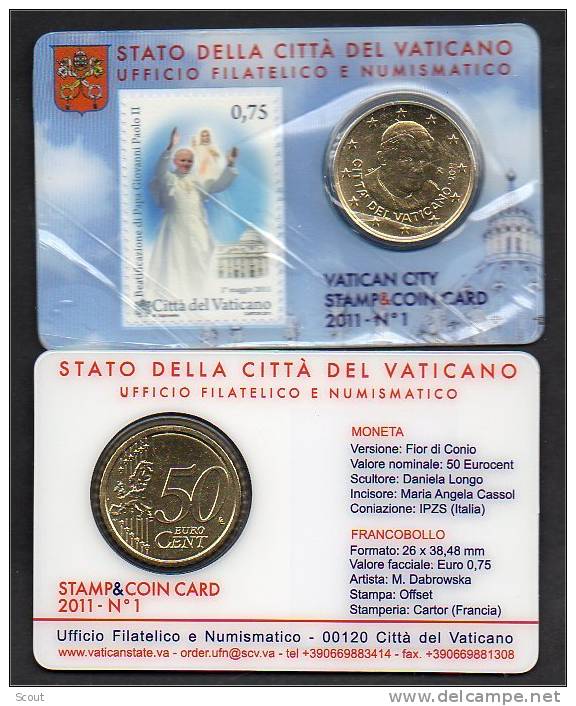 VATICANO – VATICAN CITY - VATICAN - 2011 - 50 CENTESIMI STAMP & COIN CARD N. 1 - Vatikan