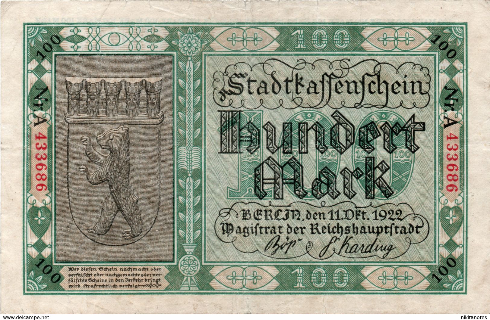 Germania 100 MARK 11.10.1922 Berlino 1648 See Scan - 100 Mark