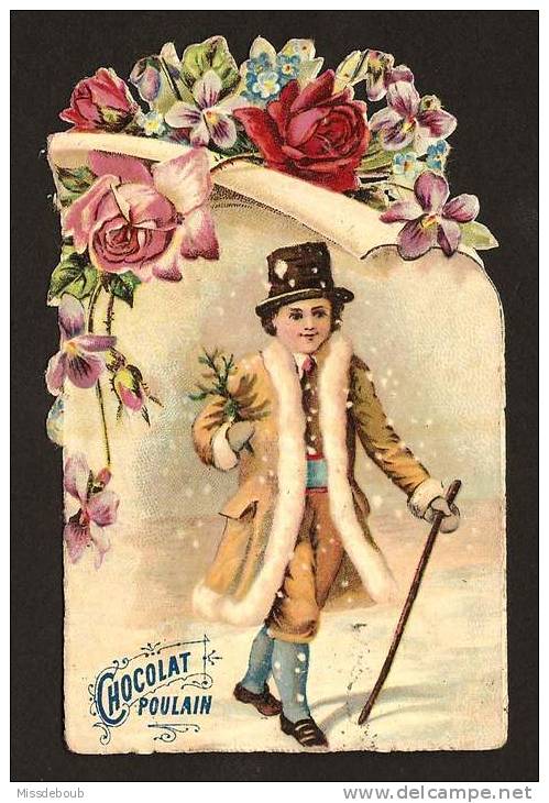 Chromo Poulain Gaufré  - Jeune Homme Manteau Chapeau Canne -  Un Brin De Gui Dans La Main -  Hiver - Enfants