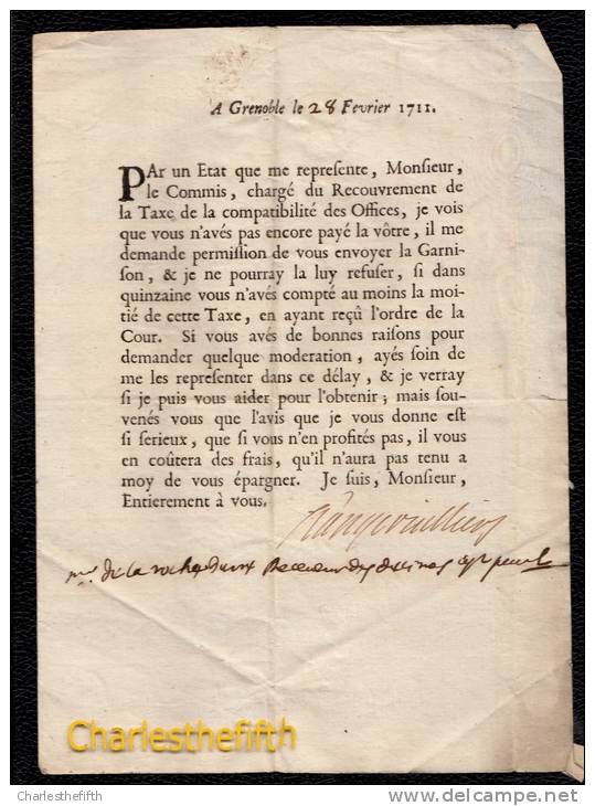 GRENOBLE 1711 -  LETTRE DE RECOUVREMENT DE LA TAXE DES OFFICES Vers Receveur De St Paul 3 Chateaux - Historical Documents