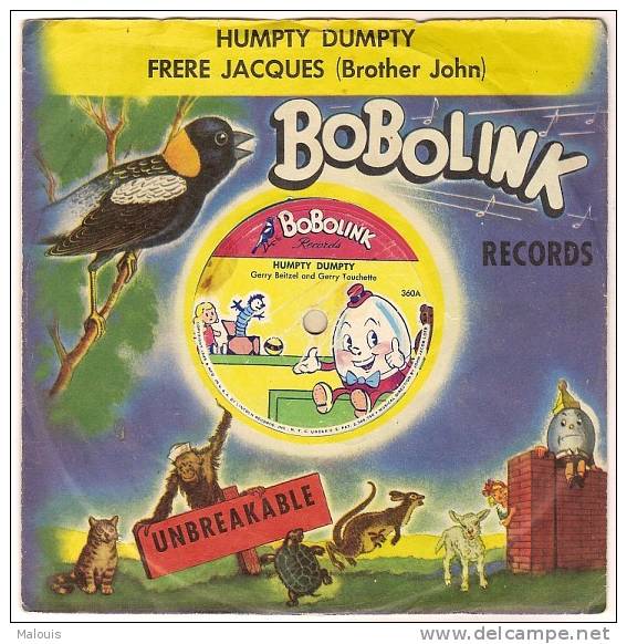 EP, Single 1949. Bobolink Records. Humpty Dumpty, Frere Jacques. Monkey Turtle Kangaroo, Singe Tortue, Aap Schildpad - Kinderen