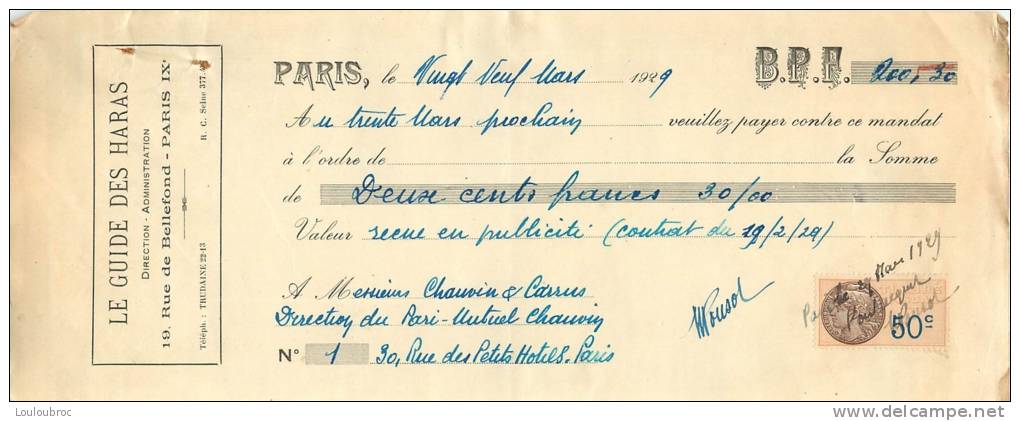 LETTRE DE CHANGE LE GUIDE DES HARAS 19/02/1929  RUE DE BELLEFOND A PARIS AVEC TIMBRE FISCAL - Lettres De Change