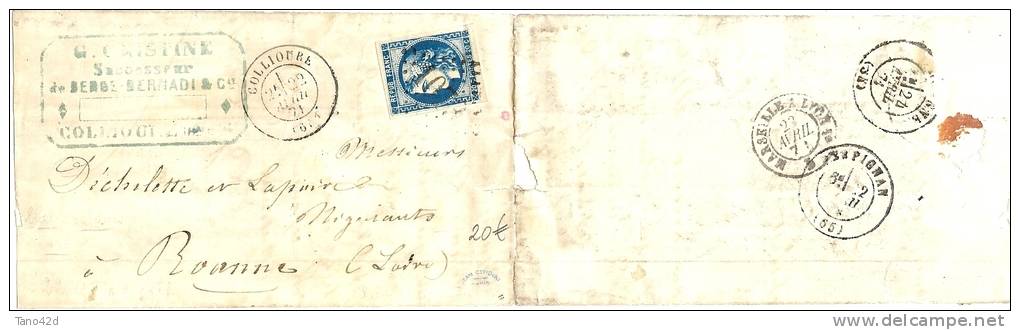 REF LBL9 - FRANCE - EMISSION DE BORDEAUX CERES 20c TYPEIII REP 2 Y/T N° 46B SUR LETTRE DU 22/4/1871 - 1870 Emisión De Bordeaux