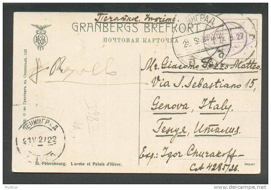 USSR  RUSSIA  1927  LENINGRAD  TO  ITALY  GENOVA , ST. PeterSburg  WINTER PALACE - Storia Postale