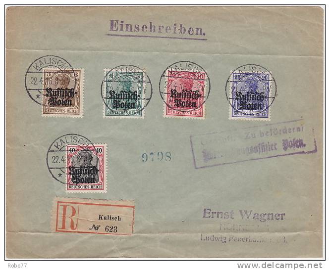 1916 Multifranked Registered Letter, Cover.  Germany Post In Poland. Deutsche Post In Polen. Kalich 22.4.16. (G18c002) - Covers & Documents