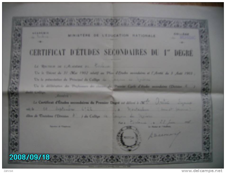 Académie De Toulouse - Collège De Moissac - Certificat D'études Secondaires Du 1er Degré - Diploma & School Reports