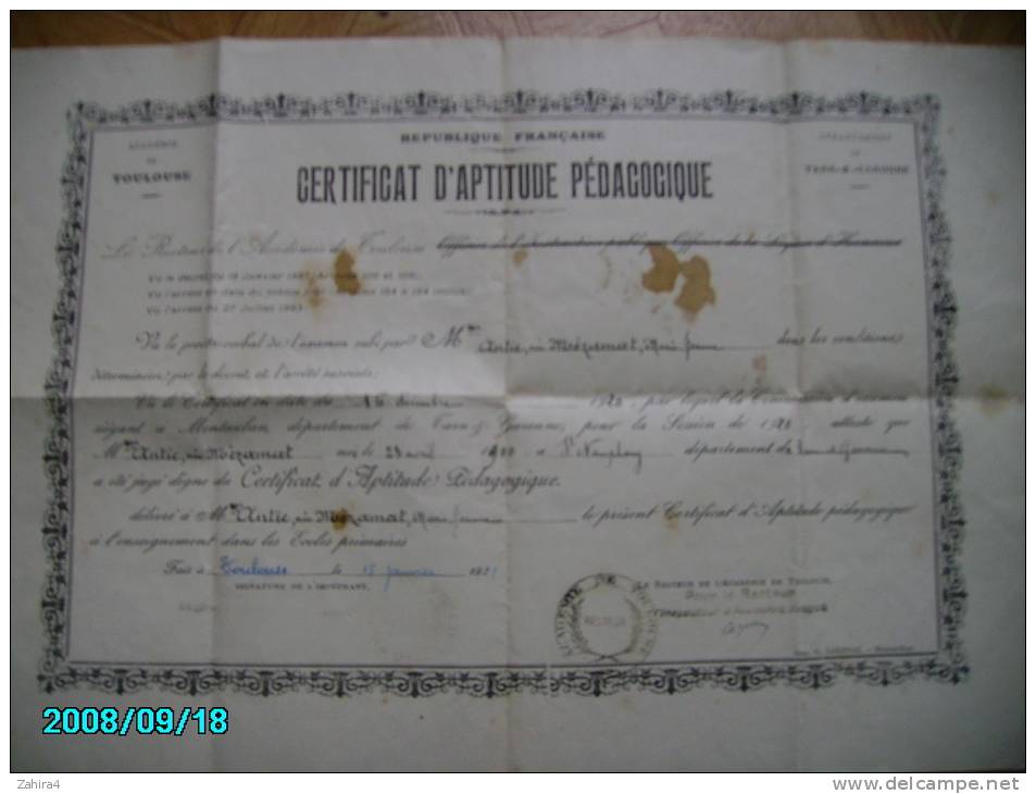 Académie De Toulouse - Dep. De Tarn & Garonne - Cetificat D'aptitude Pédagogique - Diploma & School Reports