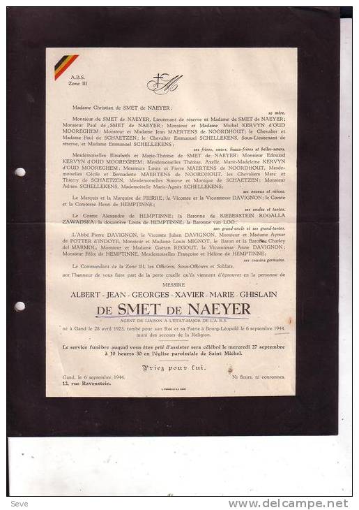 GAND BOURG-LEOPOLD Guerre 40-45 Albert De SMET De NAEYER 1923 - 6 Septembre 1944 Agent De Liaison A.B.S. Doodsbrief - Obituary Notices