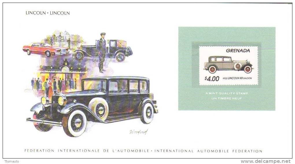 International Auto Federation Display Card With Mint Grenada  Stamp -  LINCOLN KB - Voitures
