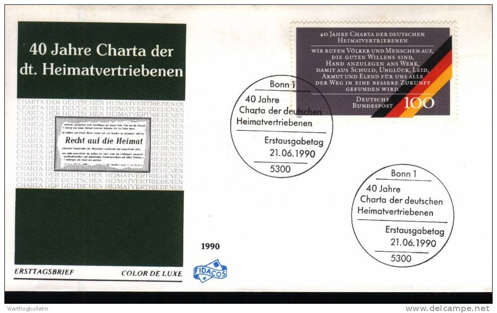 1990 German FDC "German Refugees" With Bonn Cancel - Otros & Sin Clasificación