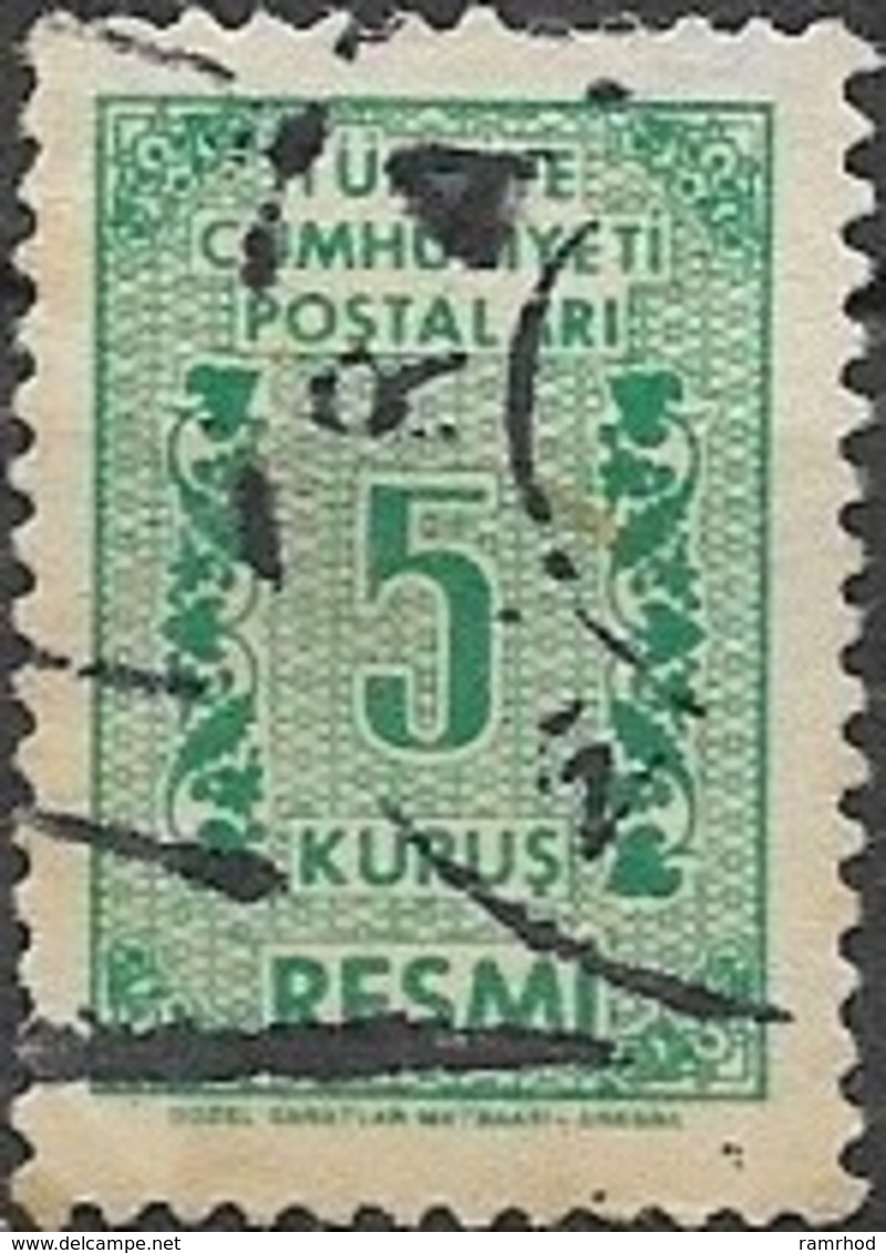 TURKEY 1962 Official -  - Green - 5k.. FU - Francobolli Di Servizio