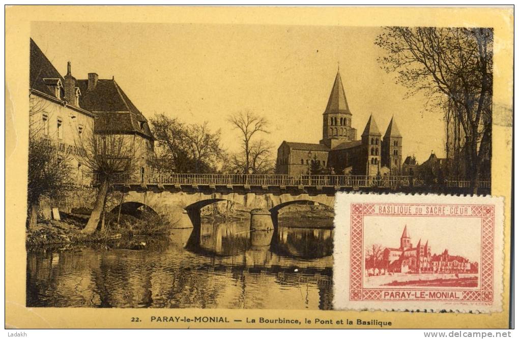 CARTE POSTALE PARAY LE MONIAL # VIGNETTE BASILIQUE DU SACRE COEUR # 1936 # BOURBINCE# PONT - Tourism (Labels)