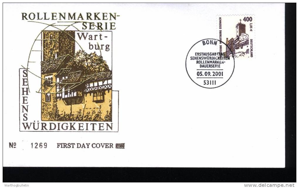 2001 German FDC Tourist Sights Series "Wartburg Castle"  With Bonn Cancel - Other & Unclassified