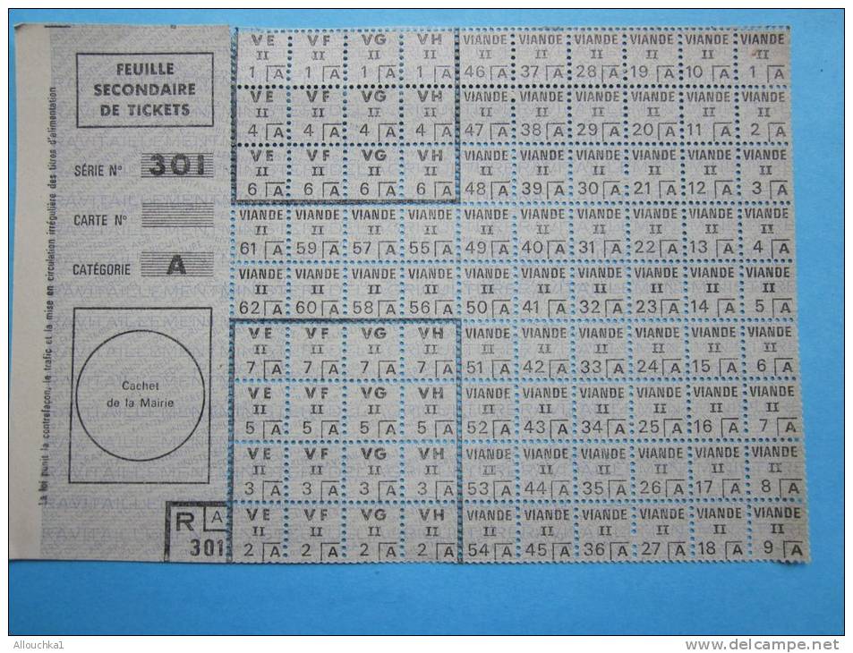 Ticket Bon De Ravitaillement-Restrictions Viande Série 301 Catégorie A, Guerre 14 18, Feuille Secondaire Intacte. - Documents Historiques