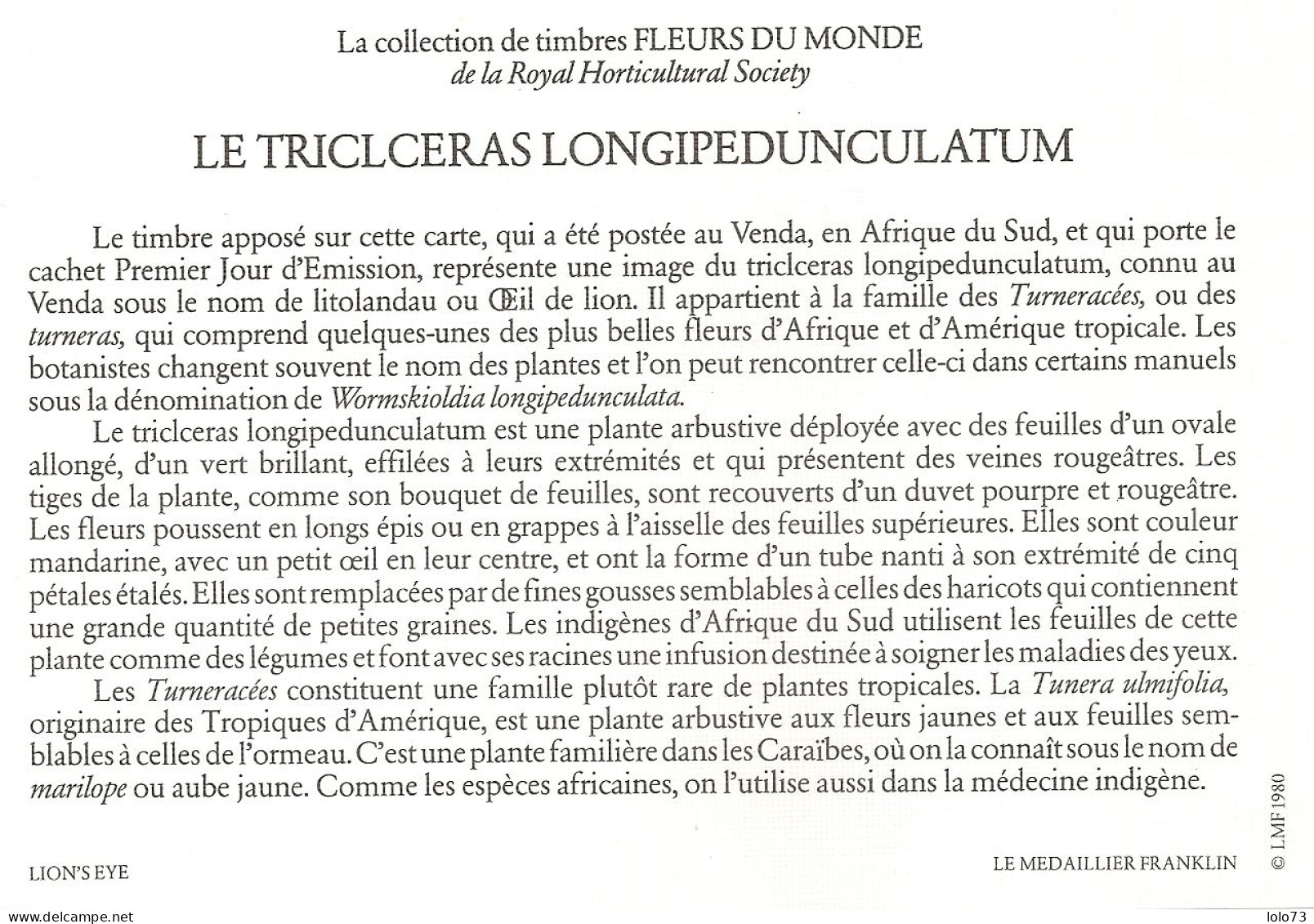 Carte 1er Jour - Venda - Fleur - Triclceras Longipedunculatum - Venda