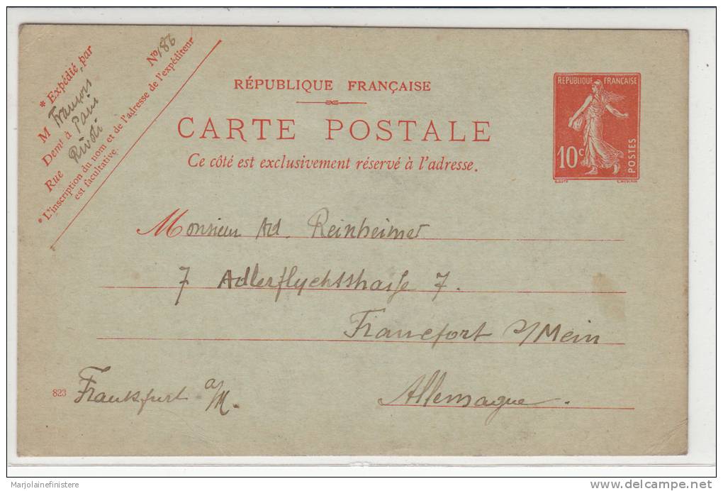 Entier Postal - République Française. - Roty. Mouchon. Voyagée 20/01/1909 - 1900-02 Mouchon