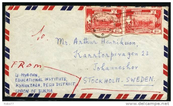 Burma Air Mail Letter, Cover Sent To Sweden. Kyauktaga.  (H159c003) - Burma (...-1947)