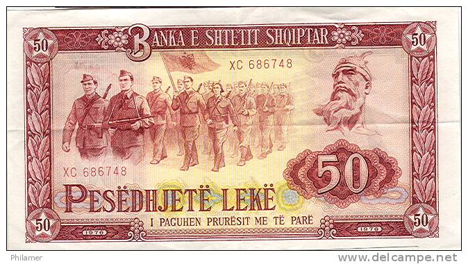 Albanie Billet De Banque Banknote Monnaie Pesedhjete Lek  Militaire Fusil Mitraillette Drapeau Neuf Avec Pli Central - Albanie