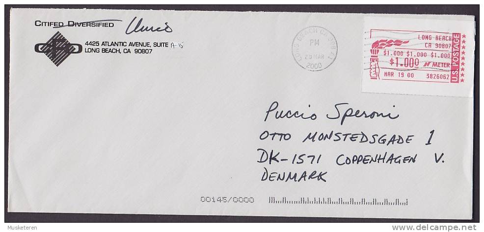 United States CFD Commercial LONG BEACH 2000 Meter Stamp Cover To Denmark Olympic Flame Cachet - Storia Postale