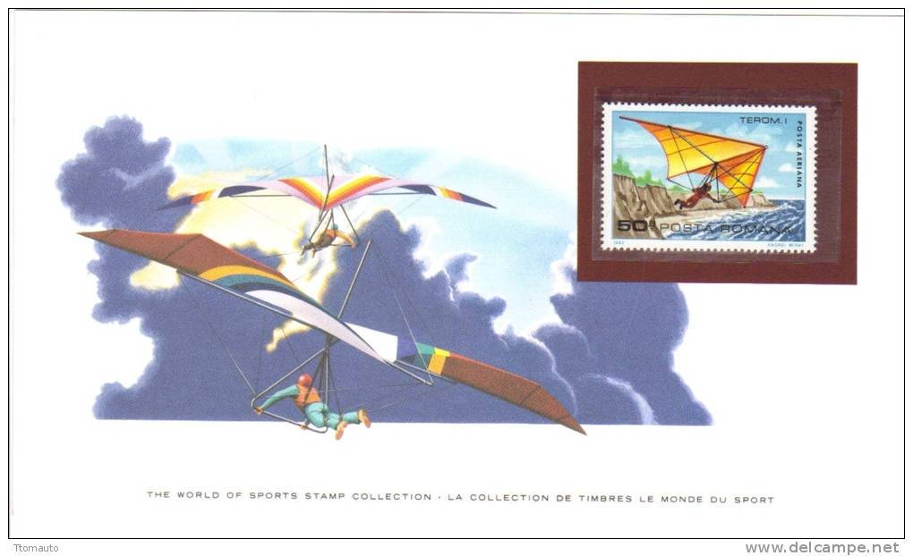 World Of Sports Display Card  -  Mint Romania Stamp  -   HANG-GLIDING - Fallschirmspringen