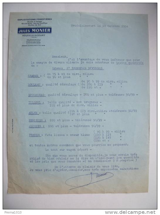 HOUDELAINCOURT (55): Lettre à En-tête 1954 Exploitations Forestières MONIER Jules - Collections