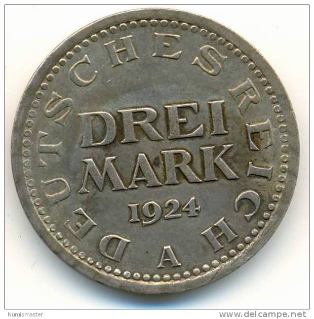 GERMANY , 3 MARK 1924 A - 1 Mark & 1 Reichsmark